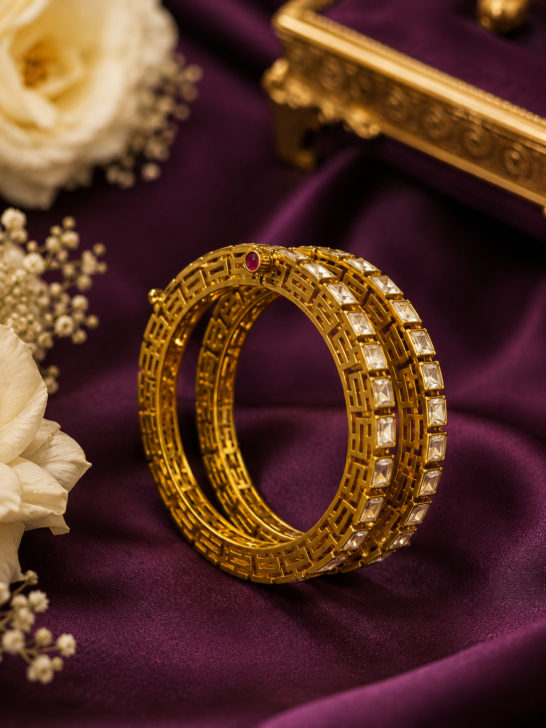Suvarnika Premium Polki Kundan Kada Pair with 22K Gold Polish | Bridal Gold Look Bangles for Women