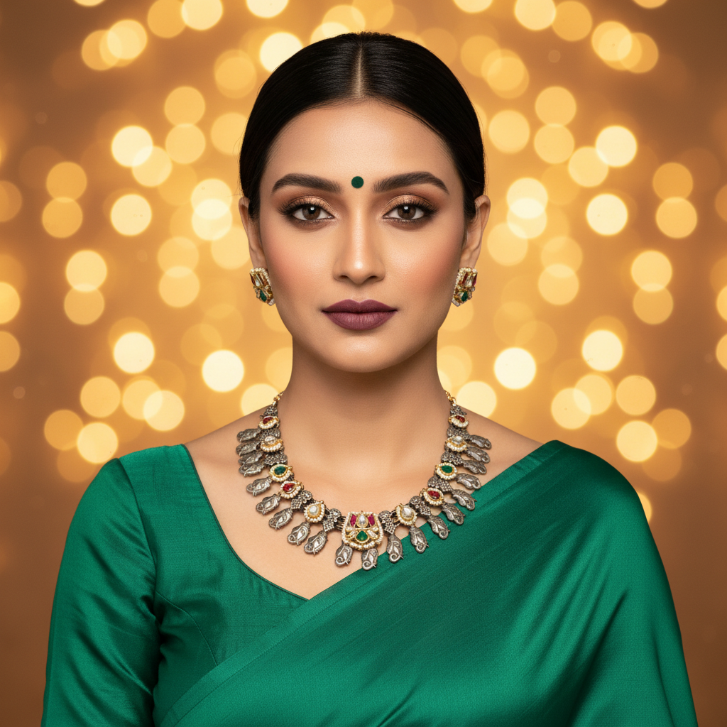 Kundan Kolhapuri Necklace with Small Kundan Fusion Tops – Ethnic Jewellery – Handcrafted Indian Kundan Jewellery | Premium Statement Necklace Set Online - Alankrent Luxe