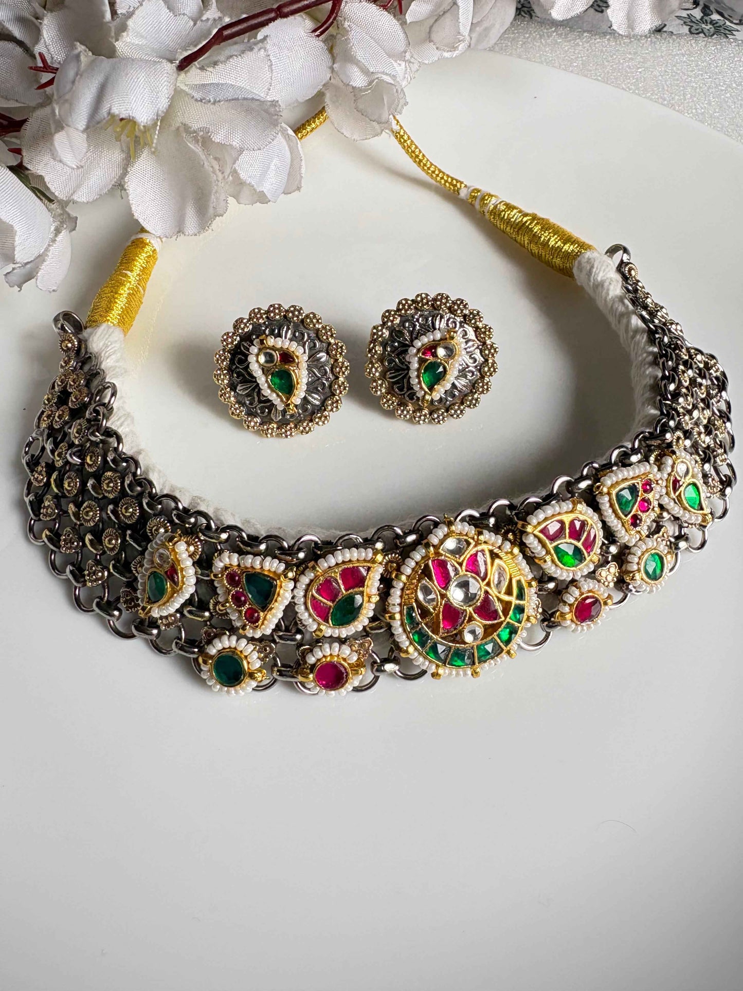Dual Tone Kundan Thread Necklace Set with Earrings | Silver Polish Bridal Choker | Alankrent Limited Edition