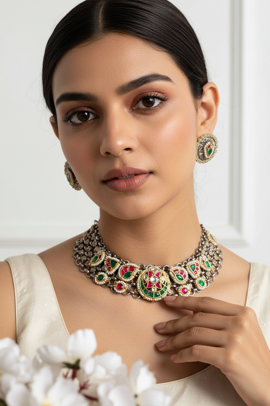 Meherza Dual Tone Kundan Thread Necklace Set with Earrings | Silver Polish Bridal Choker |  Limited Edition | Premium Indian Jewellery