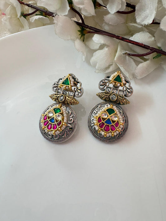 Alankrent Shringar Fusion Stud Danglers – German Silver Oxidised Earrings with Kundan & Meenakari