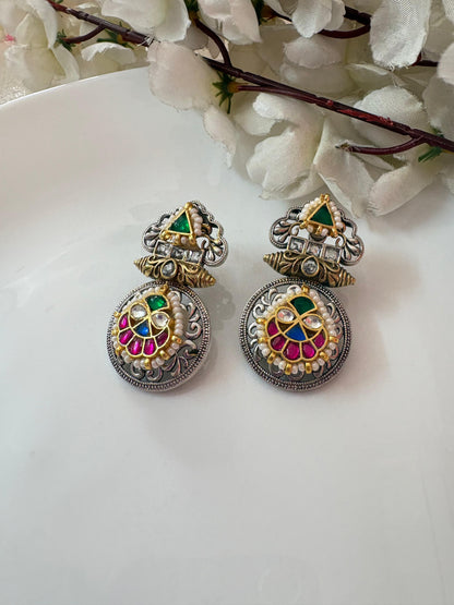 Alankrent Shringar Fusion Stud Danglers – German Silver Oxidised Earrings with Kundan & Meenakari