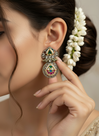 Alankrent Shringar Fusion Stud Danglers – German Silver Oxidised Earrings with Kundan & Meenakari