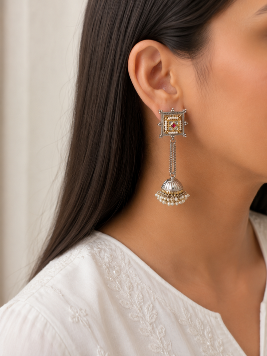 Mrinalini Dual Tone Fusion Pachi Kundan Chain Jhumka Earrings | Premium Brass SLA Earrings | Antique Indian Jewellery | Alankrent Luxe