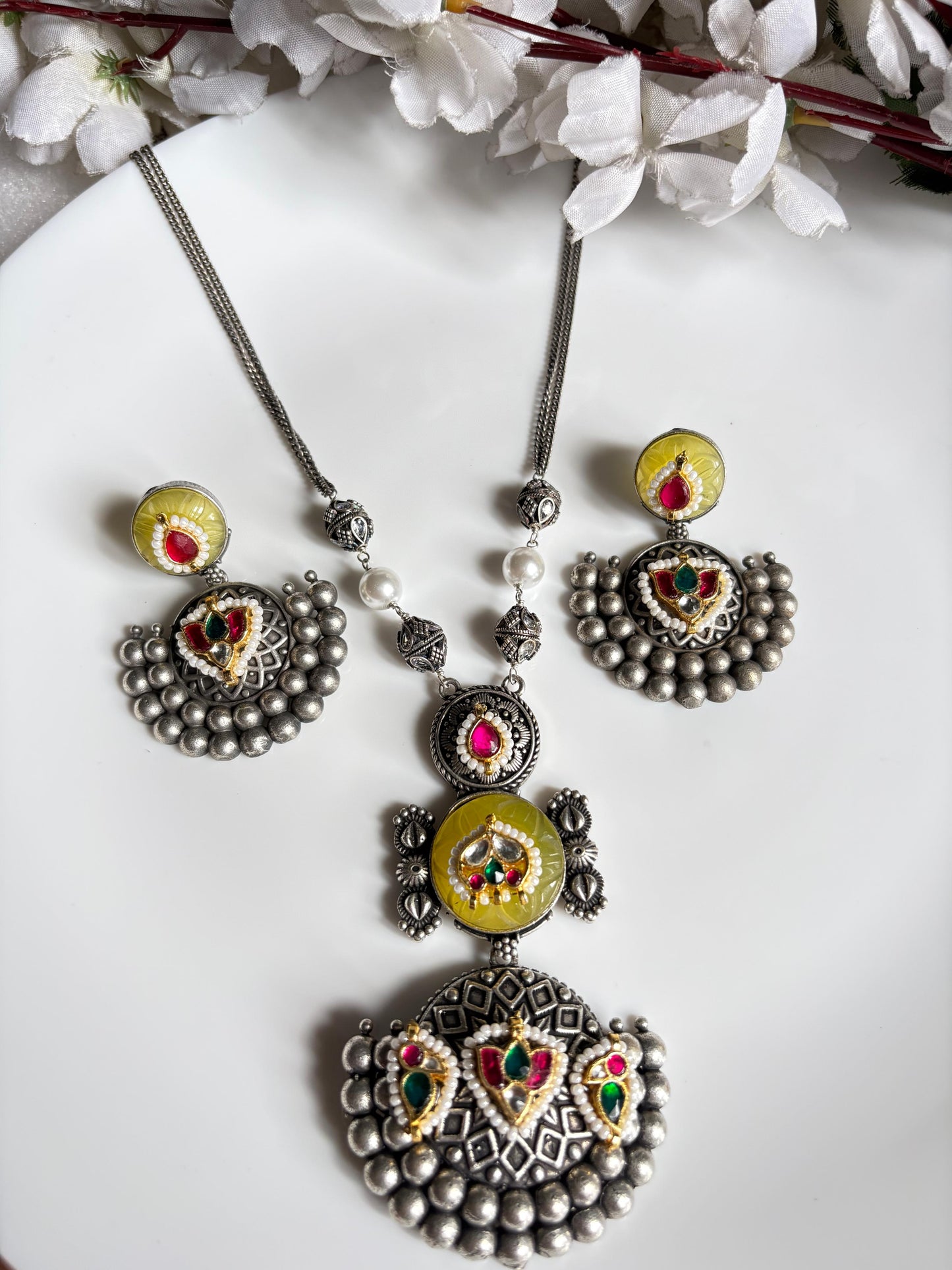 Vamika Rangoli Long German Silver Look Necklace Set with Kundan Fusion and Earrings