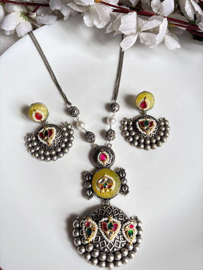 Vamika Rangoli Long German Silver Look Necklace Set with Kundan Fusion and Earrings