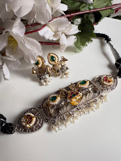 Nandivana SLA Thread Nandi Necklace Set with Earrings | Antique Silver Nandi Necklace with Kundan Fusion & Pearl Drops