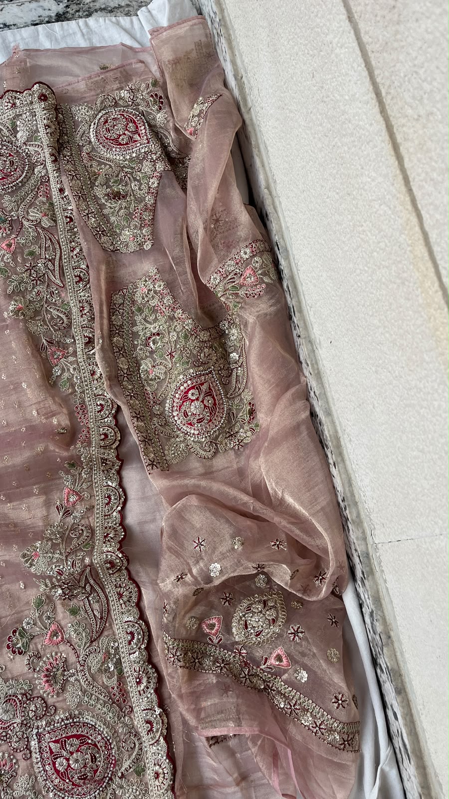 Gulnaar Royale Blush Pink Tissue Banarasi Saree with Pearl, Dori & Sequins Embroidery