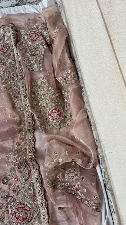 Gulnaar Royale Blush Pink Tissue Banarasi Saree with Pearl, Dori & Sequins Embroidery