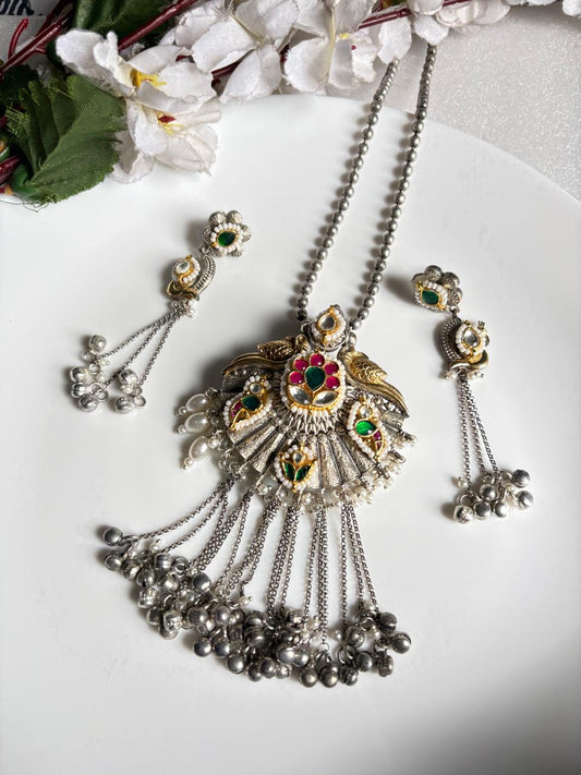 Nupurangi SLA Dual Tone Ghungharu Fusion Pachi Kundan Long Necklace Set with Earrings | Premium Brass Statement Jewellery | Alankrent Luxe