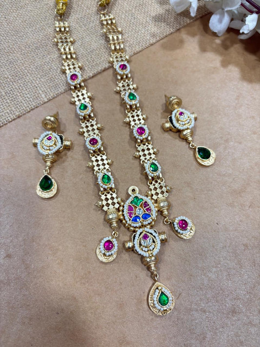 Padmakshi Dualtone SLA Gold Matt Kundan Fusion Long Necklace Set – Ready Stock | Alankrent Jewellery