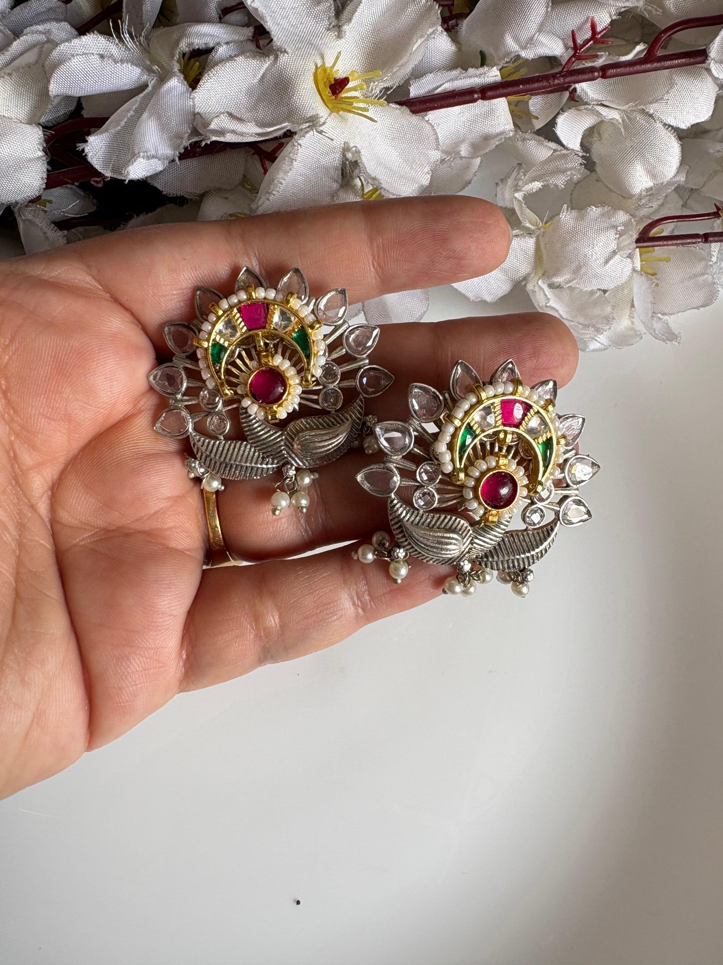 Mayurika Ratnavali SLA Dualtone Premium Kundan Fusion Earrings with Pearl Drops & Stone Petals | Statement Ethnic Jewellery | Alankrent by Alankrent