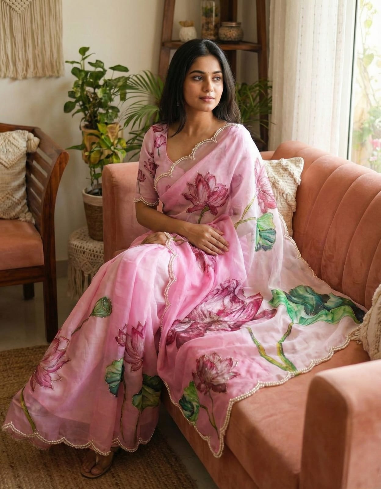 Luxury Silk Saree with Digital Floral Print & Cutdana Moti Border | Luxury Saree