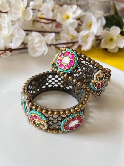 Zehvya Broad Dual Tone Premium SLA Kundan Kada | Antique Brass Statement Ethnic Bangles