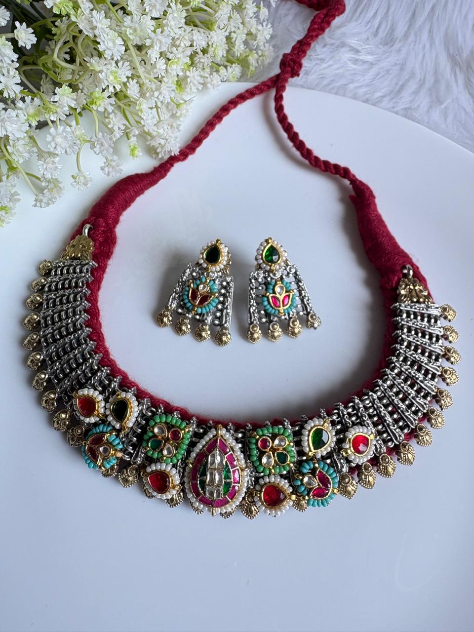 Rajwada Kundan Statement Choker with Cotton Thread Padding and Earrings