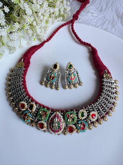 Rajwada Kundan Statement Choker with Cotton Thread Padding and Earrings