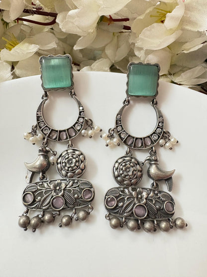 ELVORA Silver Look Statement Earrings with Bird Motif | Designer Ethnic Earrings