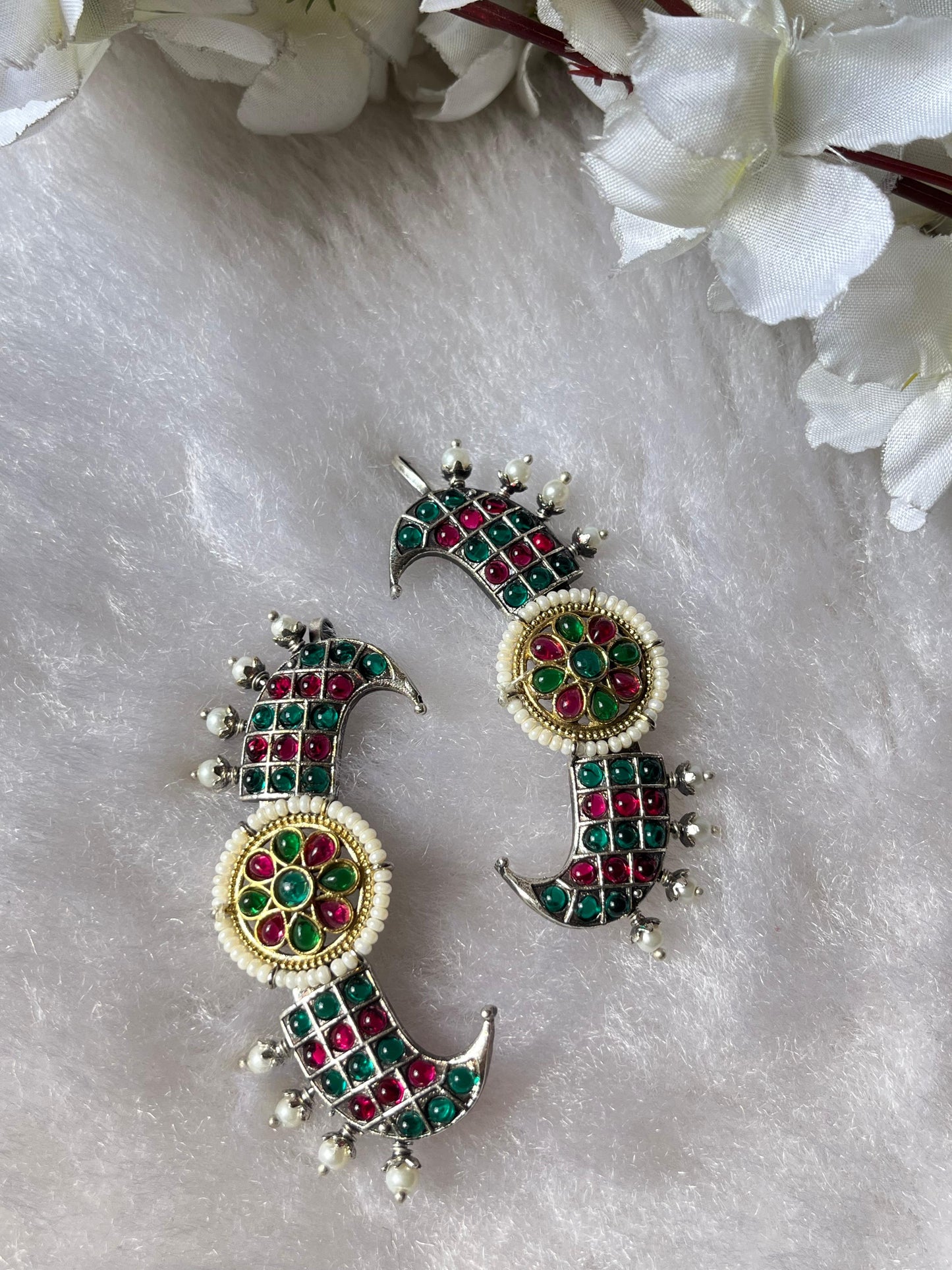 Handcrafted Stone-Studded Crescent Earrings | Multi-Color Meenakari Design with Pearl Detailing for Festive & Wedding Luxury