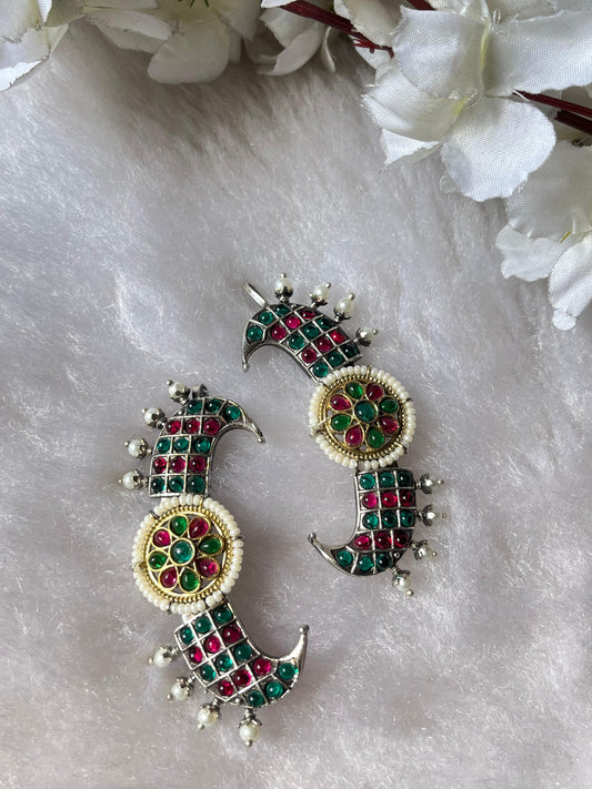 Handcrafted Stone-Studded Crescent Earrings | Multi-Color Meenakari Design with Pearl Detailing for Festive & Wedding Luxury