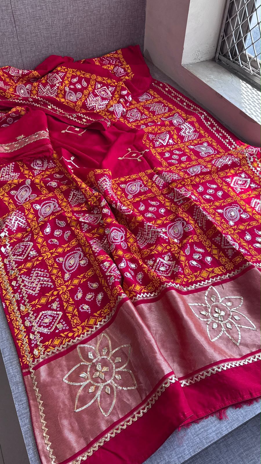 Rangmala Riwaayat Red Munga Silk Lakdi Patta Saree with Sikhiya Gota Work & Banarasi Blouse