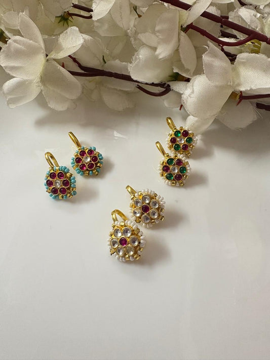 Premium Gold Kundan Earclips | Floral Temple Stud Earrings with Pearl Detailing | Alankrent Luxe | Single Pair