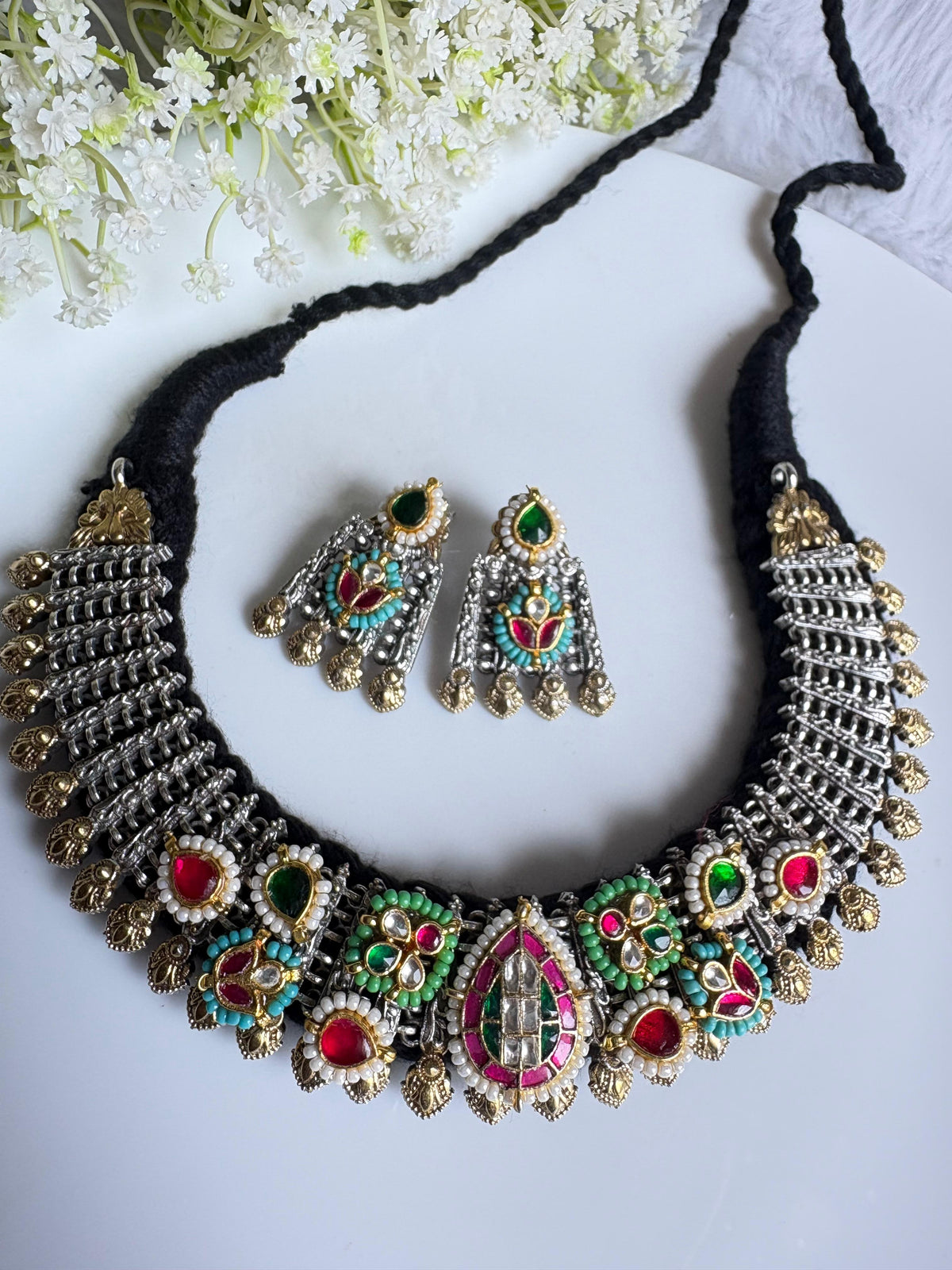 Rajwada Kundan Statement Choker with Cotton Thread Padding and Earrings