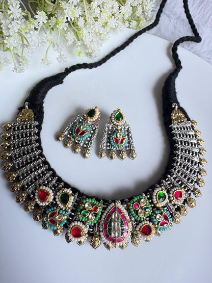 Rajwada Kundan Statement Choker with Cotton Thread Padding and Earrings