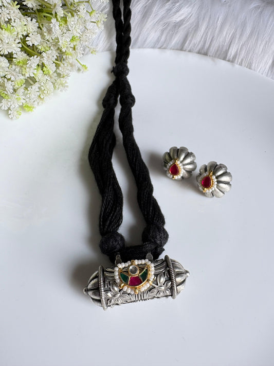 Vamika Kundan Fusion Silver Look Thread Necklace Set with Earrings | Premium SLA Heritage Jewellery