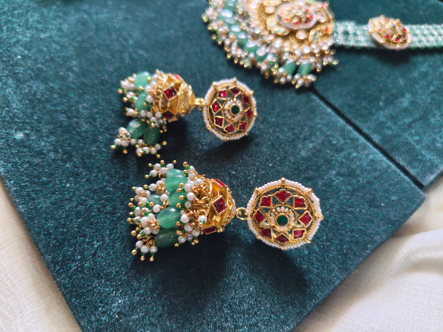 Aarunya Polki Kundan Pearl Choker Set | Green Beaded Bridal Necklace with Jhumka Earrings