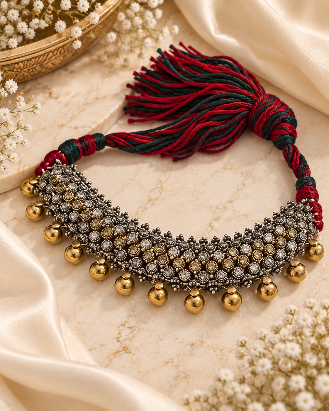 Rajsi Dualtone Silver Lookalike Choker Set with Earrings | Traditional Indian Jewellery
