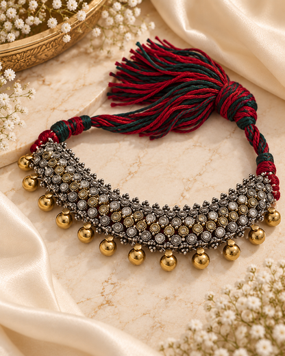 Rajsi Dualtone Silver Lookalike Choker Set with Earrings | Traditional Indian Jewellery