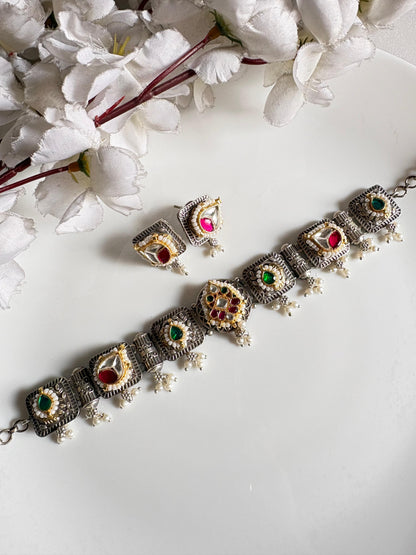 Varnika Dualtone Kundan Fusion Choker Set with Square Earrings