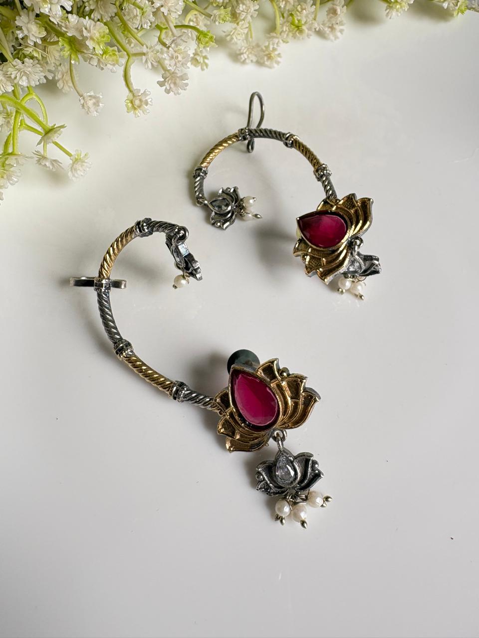 Padmika Dual-Tone Stone Ear Cuffs with Lotus Motif | Indian Ethnic Statement Jewellery