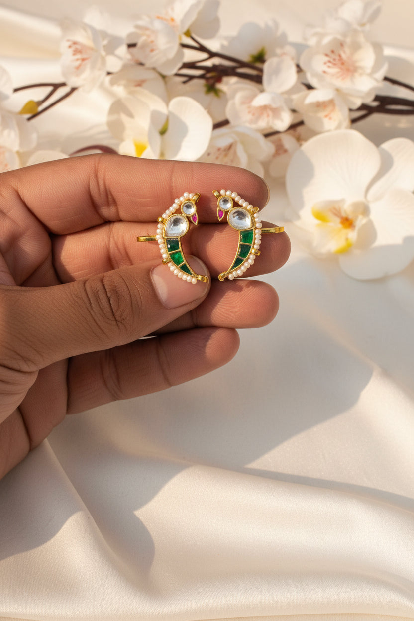 Premium Peacock Inspired Kundan Ear Cuff Bugadi with Pearl Border Wedding and Festive Jewellery Alankrent Luxe - Alankrent Luxe