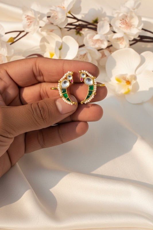 Premium Peacock Inspired Kundan Ear Cuff Bugadi with Pearl Border Wedding and Festive Jewellery Alankrent Luxe
