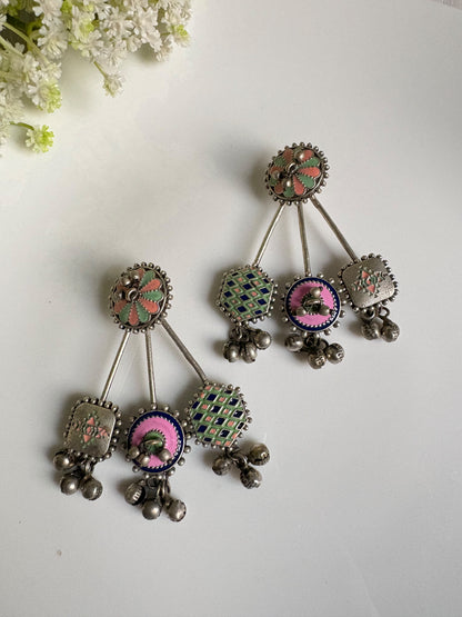 Miraaya Hand-Painted Multicolour Oxidised Silver Look Earrings