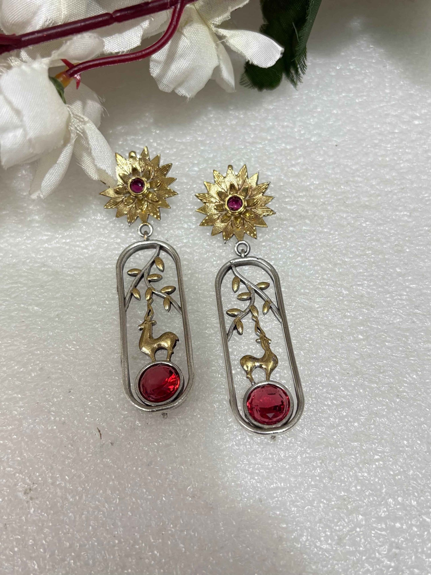 Dual Tone Deer Drop Earrings Silver Polish Stone Earrings