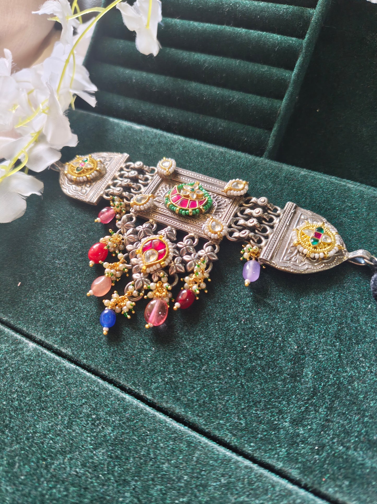 Mayurika Heritage Dual Tone Kundan Choker | SLA Silver Look-Alike Statement Choker Necklace