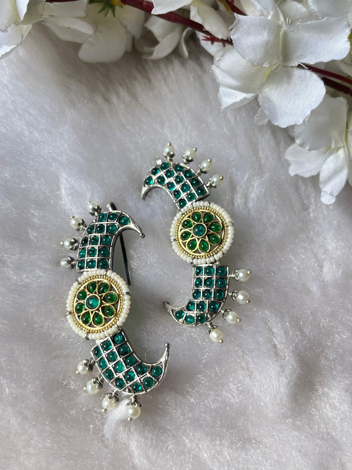 Handcrafted Stone-Studded Crescent Earrings | Multi-Color Meenakari Design with Pearl Detailing for Festive & Wedding Luxury