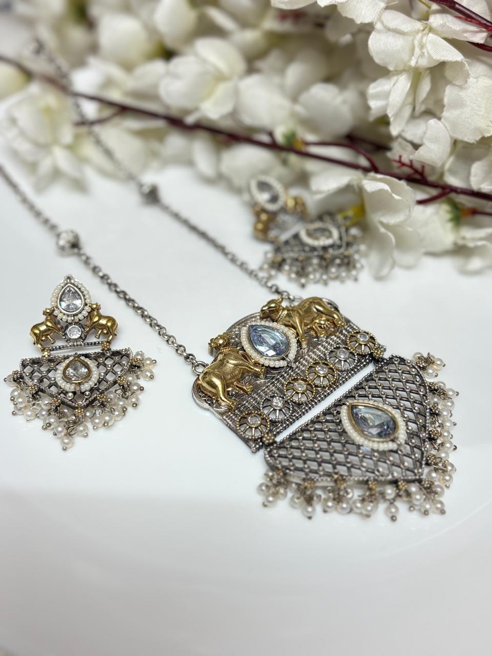 Heritage Dual-Tone Temple Necklace Set with Emerald & Ruby Accents | Alankrent