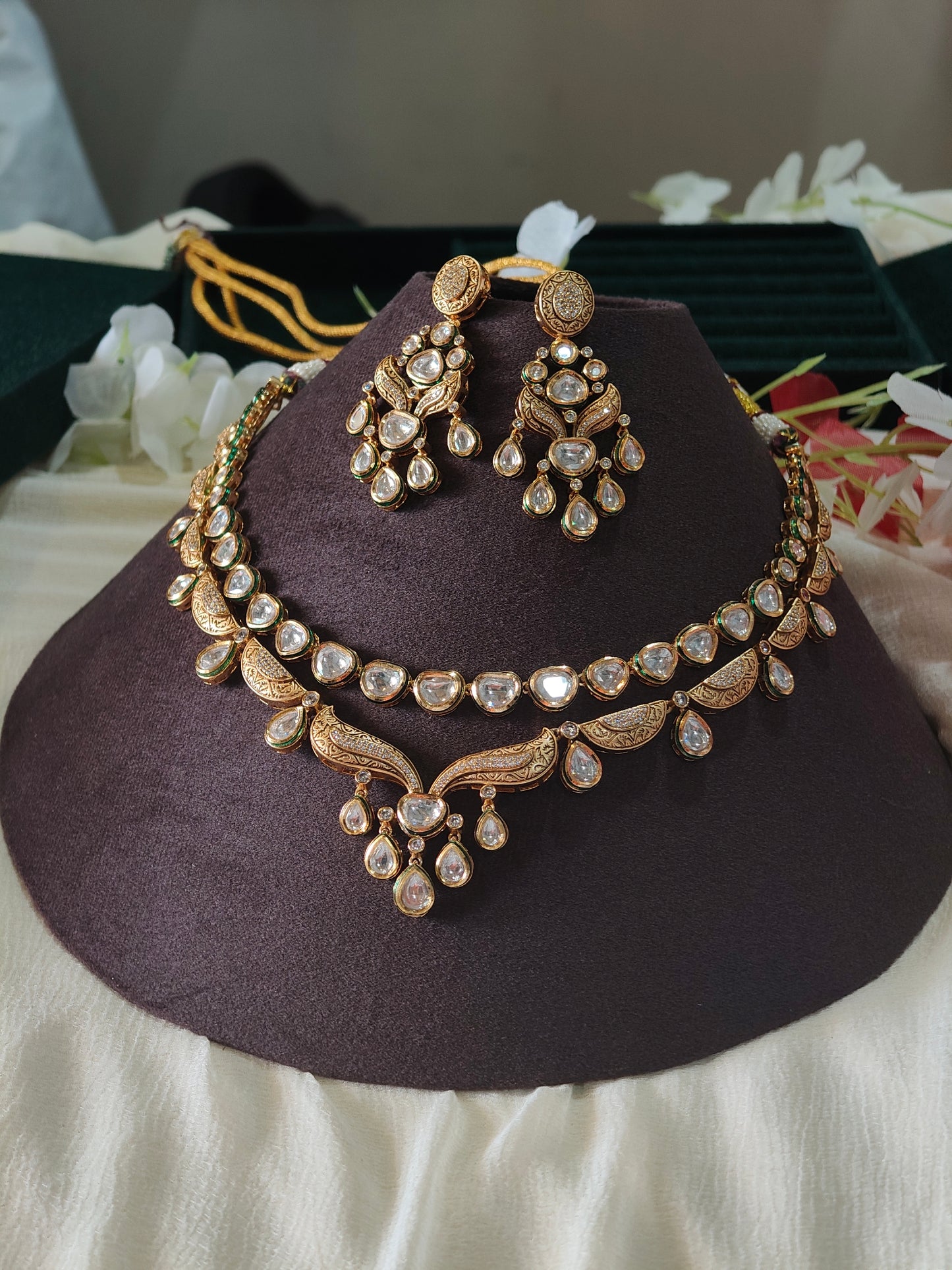 Aarunya Royale Layered Moissanite Polki Necklace Set | Luxury Bridal Statement Necklace with Designer Earrings | Premium Wedding Jewellery