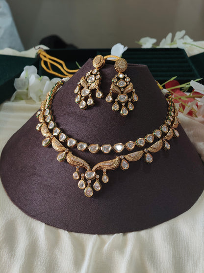 Aarunya Royale Layered Moissanite Polki Necklace Set | Luxury Bridal Statement Necklace with Designer Earrings | Premium Wedding Jewellery