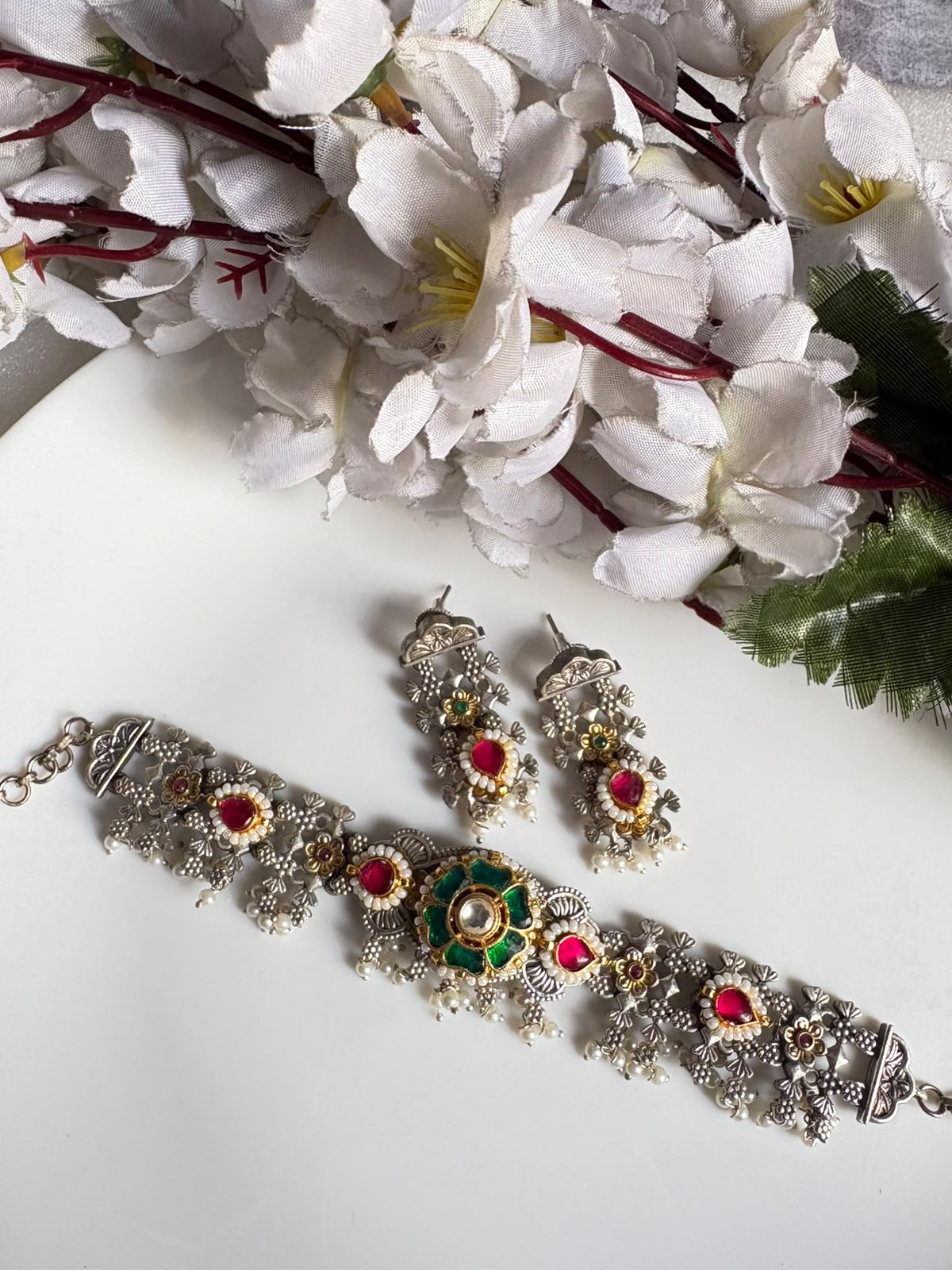 Haripriya Green Kundan Fusion SLA Choker Necklace Set with Earrings | Budget Heritage Jewellery