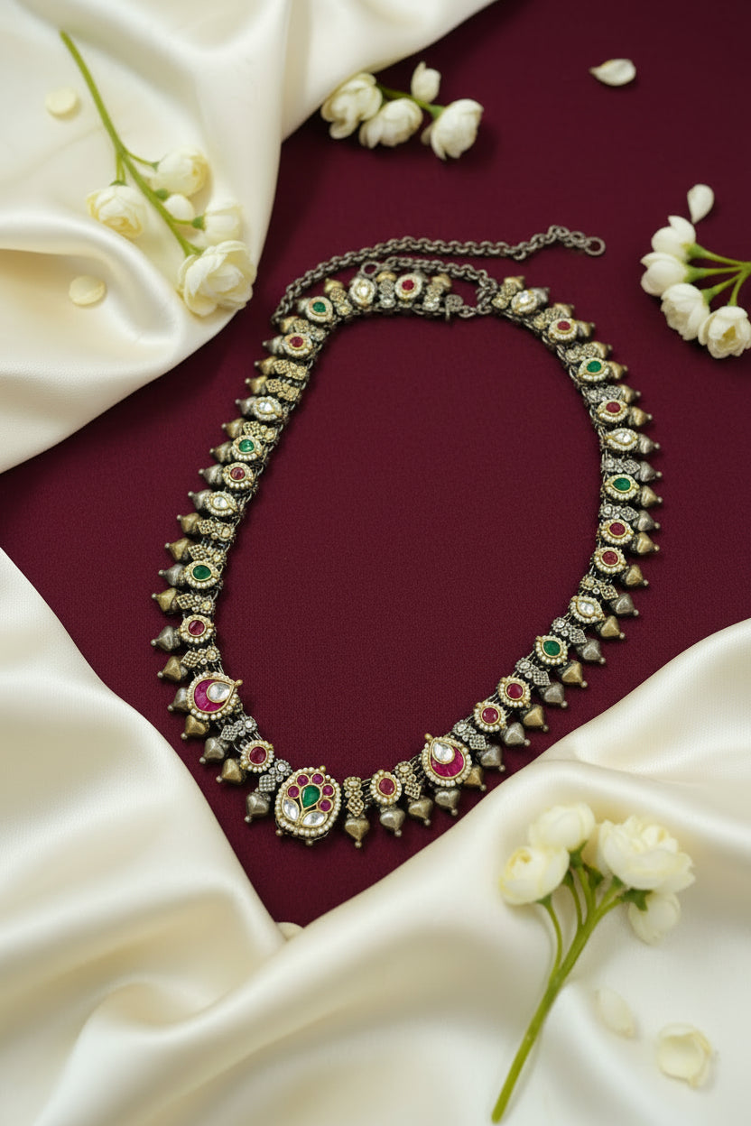 Suvarnaghanta Dual Tone Heritage Necklace | Dual Tone Pachi Kundan Fusion German Silver Statement Necklace | Antique Indian Jewellery | Alankrent Luxe