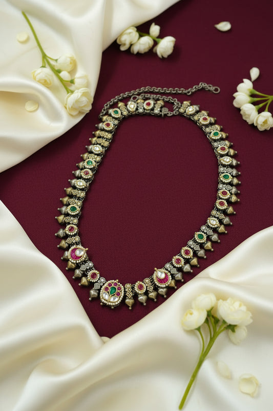 Suvarnaghanta Dual Tone Heritage Necklace | Dual Tone Pachi Kundan Fusion German Silver Statement Necklace | Antique Indian Jewellery | Alankrent Luxe