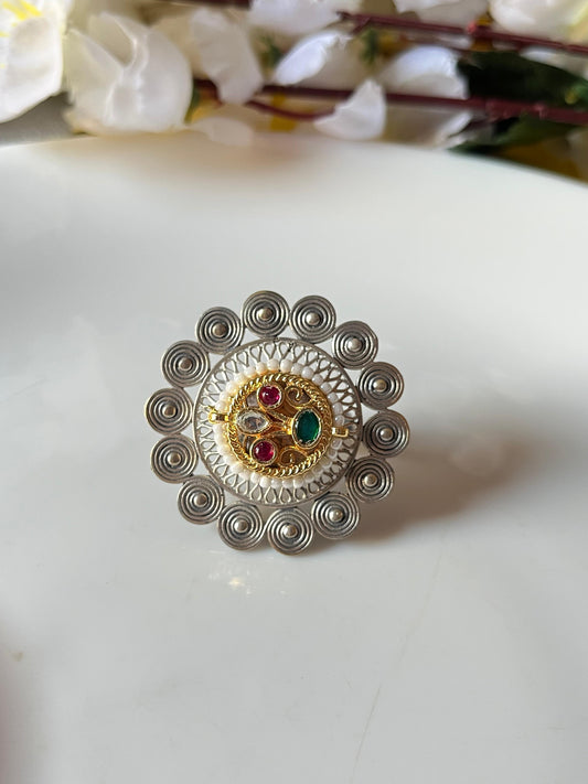 Surya Kundan Statement Ring | Adjustable Dual-Tone Ethnic Ring