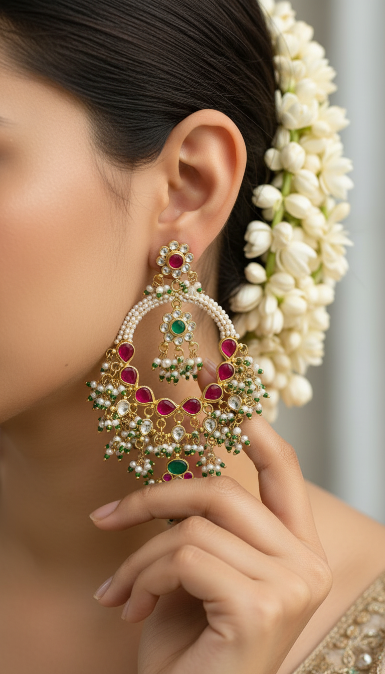 Rani Pink & Emerald Kundan Chandbali | Handcrafted Pearl Cluster Bridal Earrings for Grand Indian Weddings