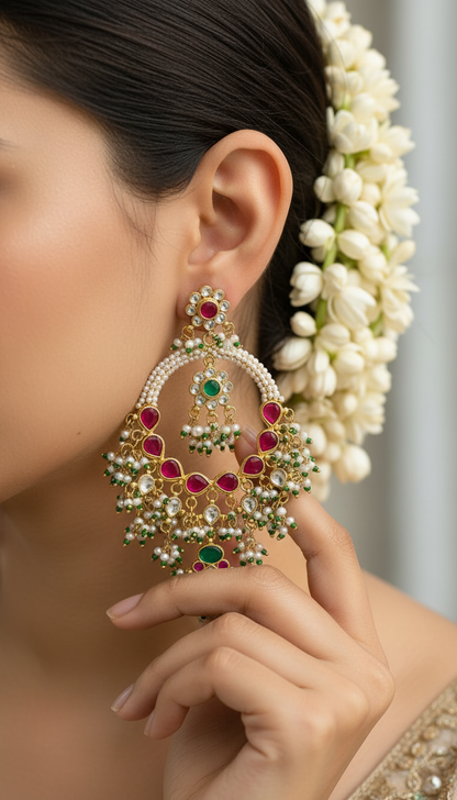 Rani Pink & Emerald Kundan Chandbali | Handcrafted Pearl Cluster Bridal Earrings for Grand Indian Weddings