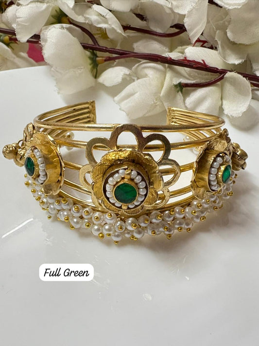 Traditional Antique Gold Tone Floral Kada/Handcuff with Pearl Danglers