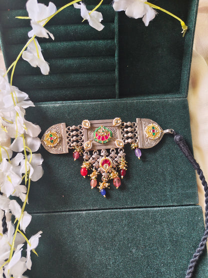 Mayurika Heritage Dual Tone Kundan Choker | SLA Silver Look-Alike Statement Choker Necklace